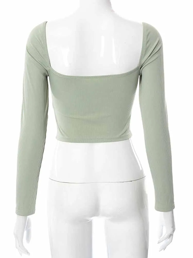 Hollow Out V Neck Long Sleeve Crop Top Casual Fashion