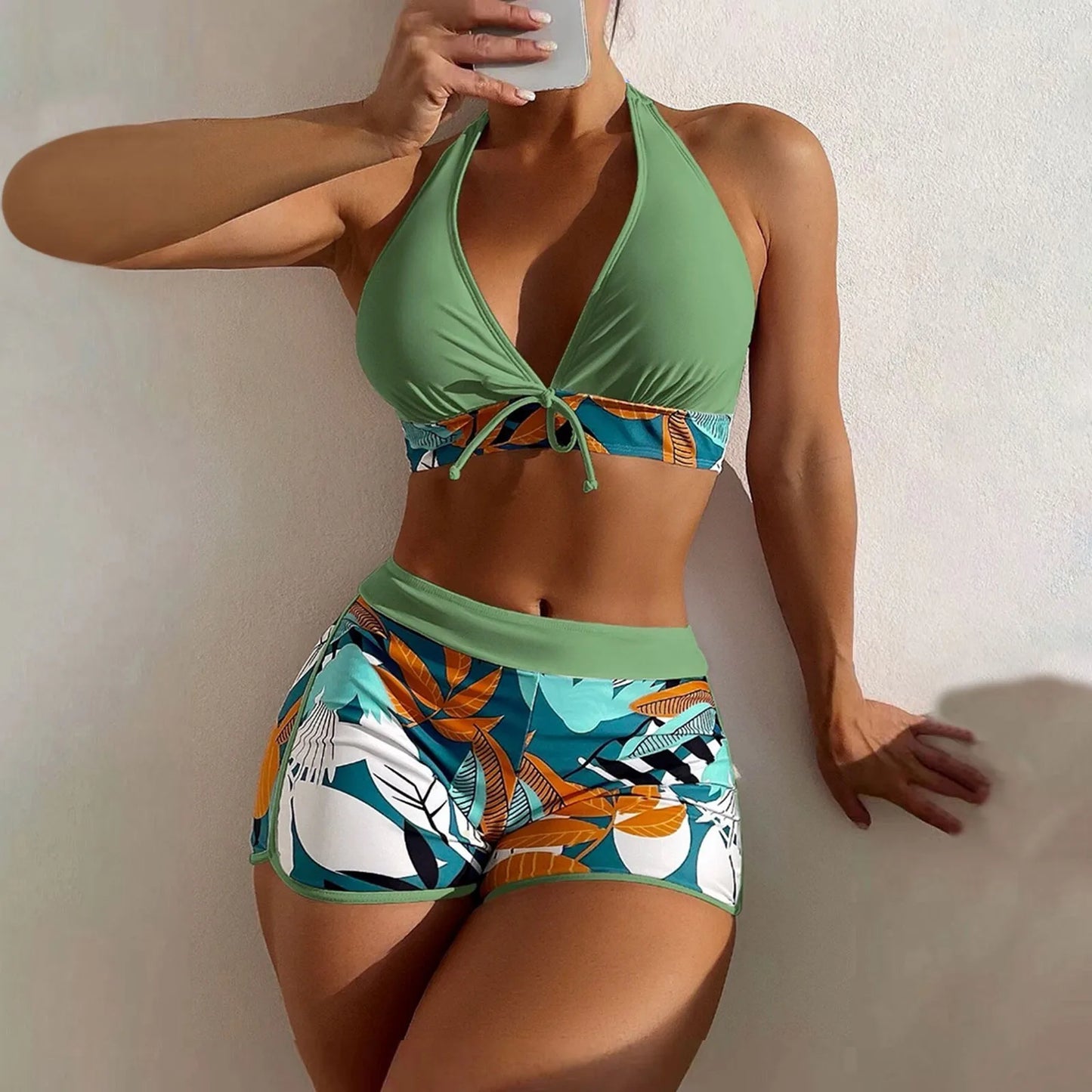 High Waist Plant Print Bikini Set Women Two Piece Swimsuit