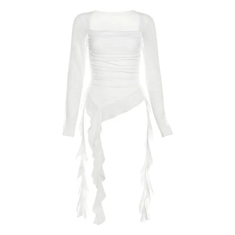 Ruffle Long Sleeve Women Crop Top Mesh Tee Korean Style