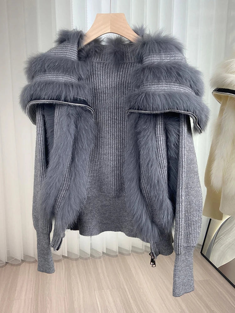 Fox Fur Coat Short Zipper Patchwork Plush Womens Outerwear