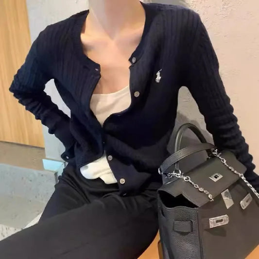 Sichuan Womens Ruff Pony Embroidered Knit Cardigan Slim Fit