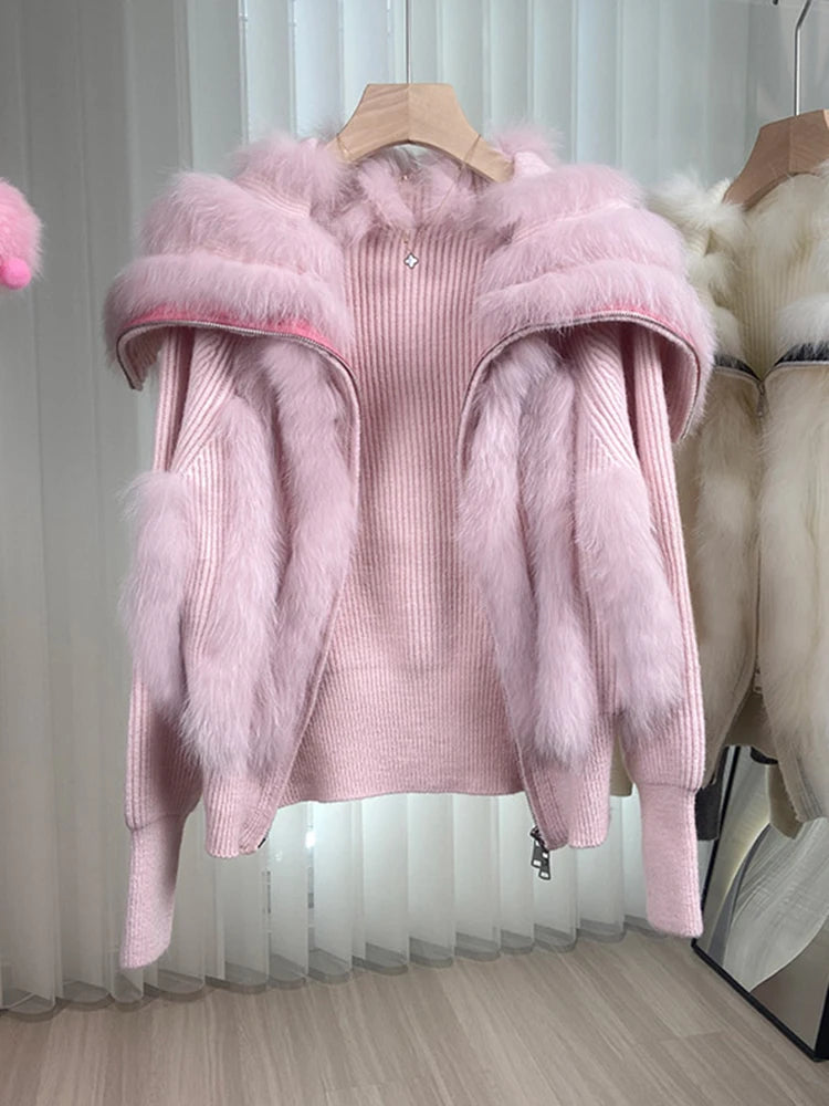 Fox Fur Coat Short Zipper Patchwork Plush Womens Outerwear