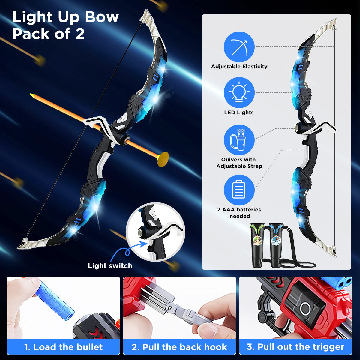 VATOS 2X Bow Arrow And Guns Toy LED Light Up Archery Set