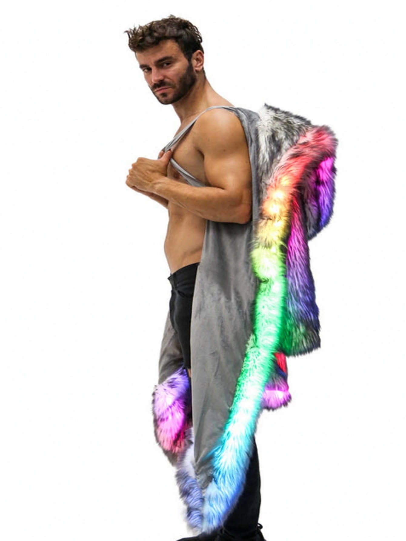 FHILLINUOCN LED Faux Fur Coat For Men Hooded Stage Costume