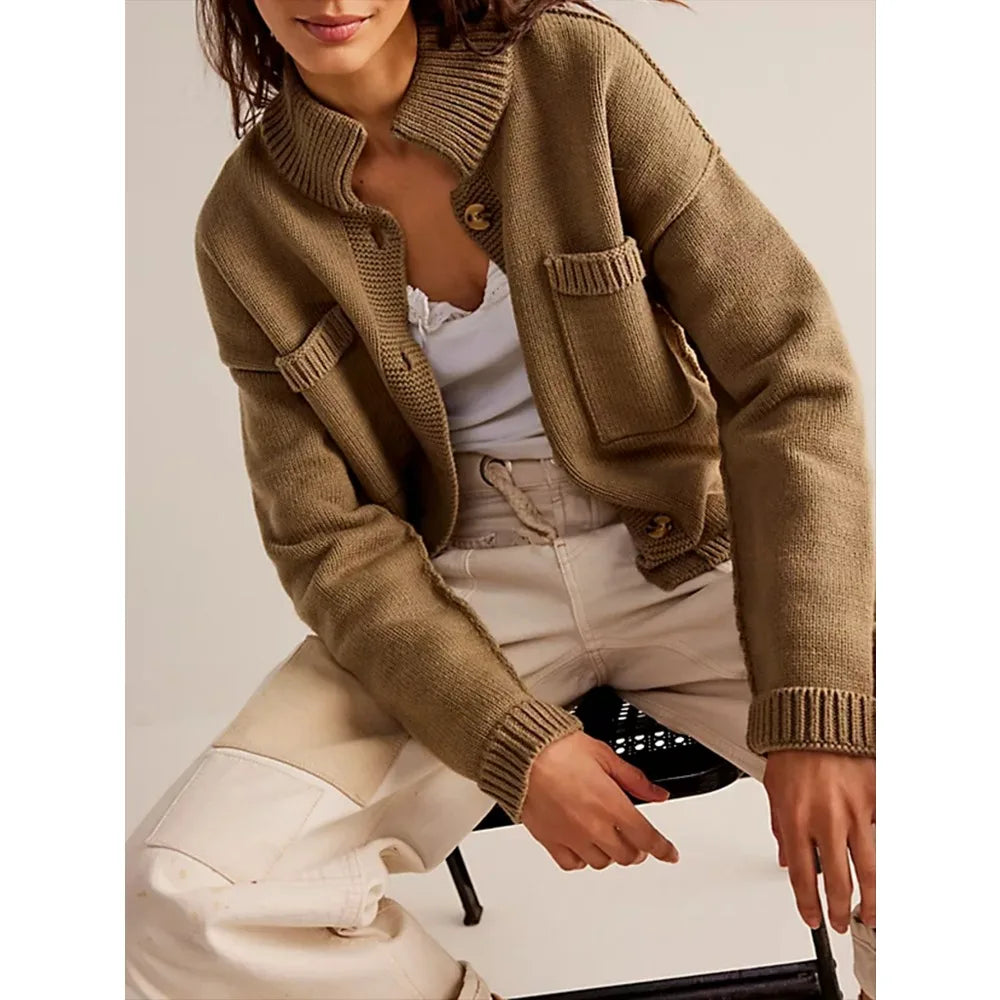 Women Knit Cardigan Long Sleeve Button Up With Pockets