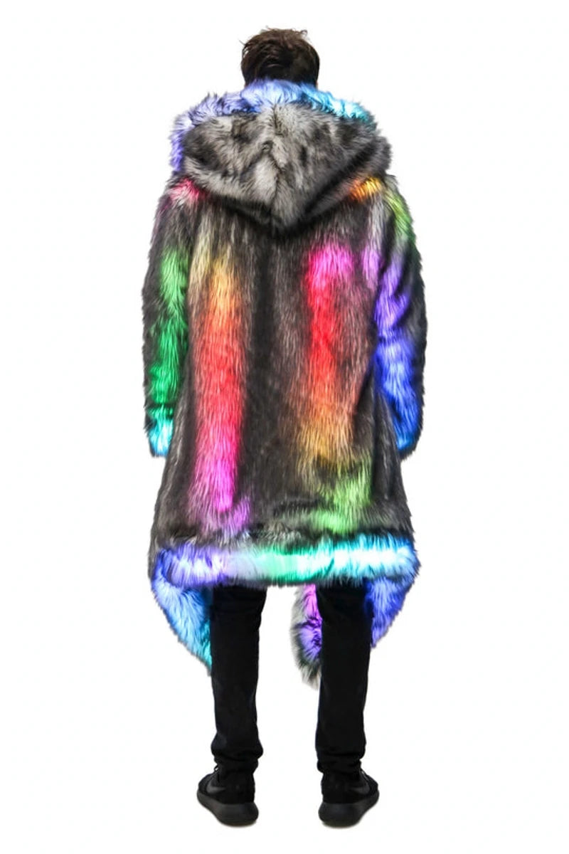 FHILLINUOCN LED Faux Fur Coat For Men Hooded Stage Costume