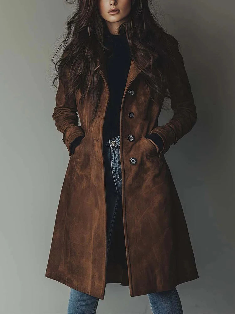 Elegant Suede Long Trench Coat For Women With Pockets