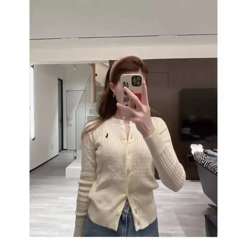 Sichuan Womens Ruff Pony Embroidered Knit Cardigan Slim Fit