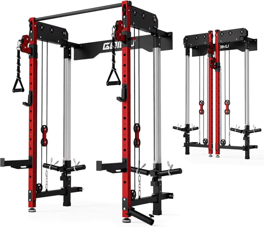 XMSJ Folding Squat Rack Wall Mounted Dual Pulley System